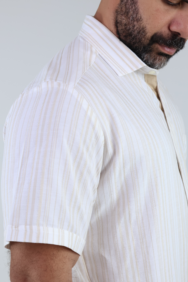 Camisa Rayas Verticales Hombre Manga Corta Textura Casual Moda